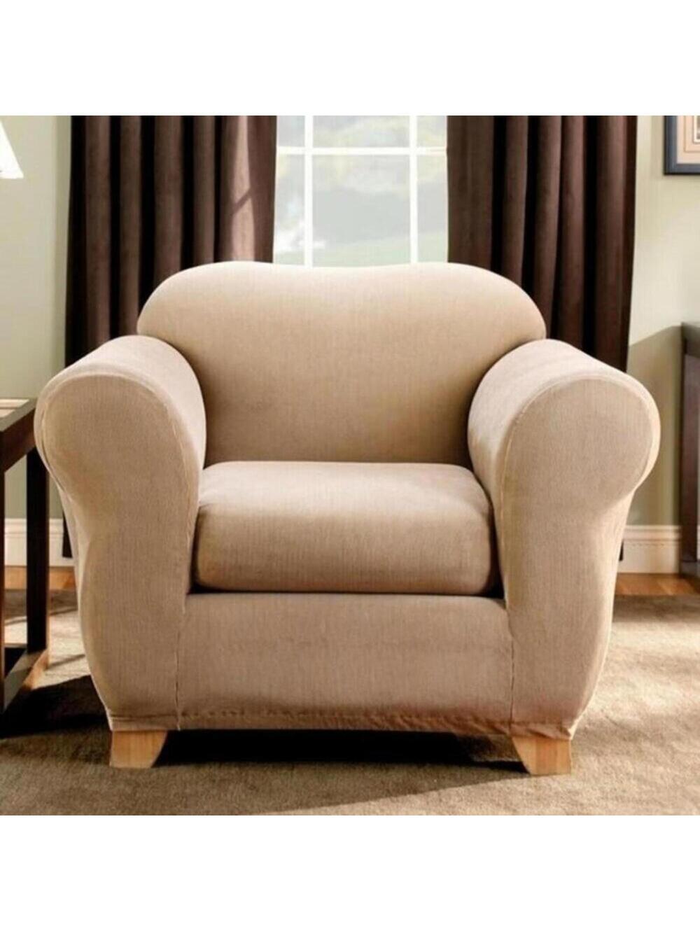 Sure Fit Stretch Stripe Chair Slipcover Box Cushion Sand Beige 2pc NEW